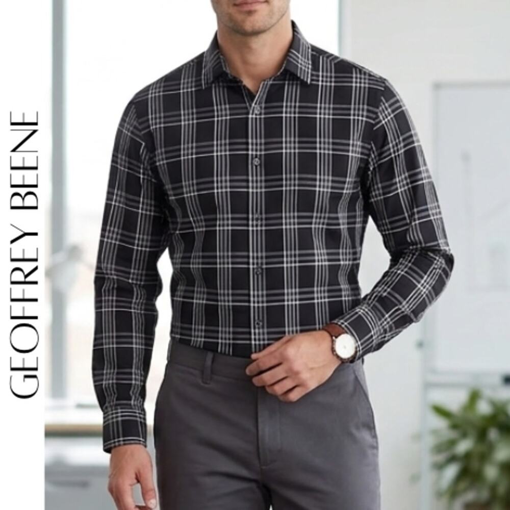 Geoffrey Beene Men’s No-Iron Plaid Dress Shirt Black Gray 16.5 34/35 M/L